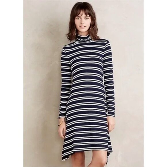 Anthropologie Maeve Striped Navy & White Long-Sleeve Turtleneck Midi Dress Size - Picture 3 of 14